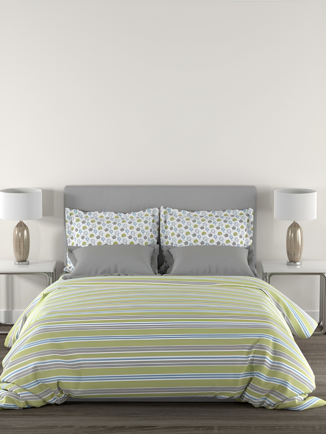 

MYTRIDENT Green & White Striped Cotton 144 TC King Bedsheet With 2 Pillow Covers