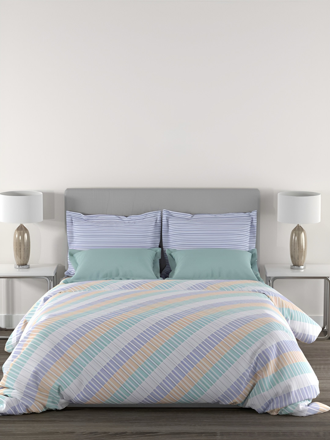 

MYTRIDENT Home Essential Blue & White Striped 144 TC King Bedsheet with 2 Pillow Covers