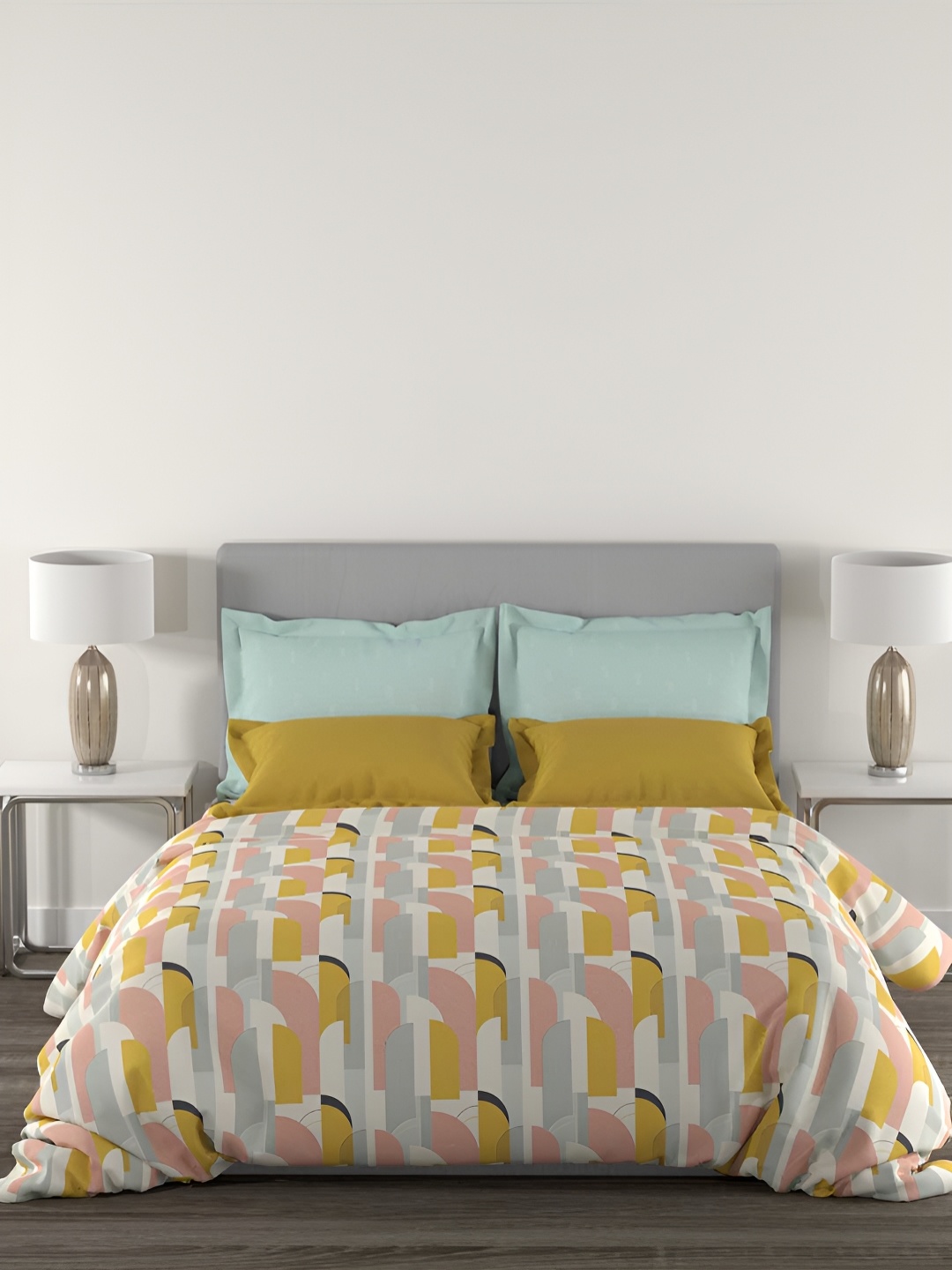 

MYTRIDENT Yellow & Grey Geometric Printed Cotton 144 TC King Bedsheet with 2 Pillow Covers