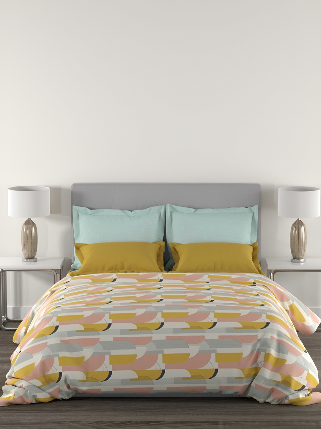 

MYTRIDENT Charleen Yellow Flat 144TC Queen Cotton 1 Bedsheet with 2 Pillow Covers