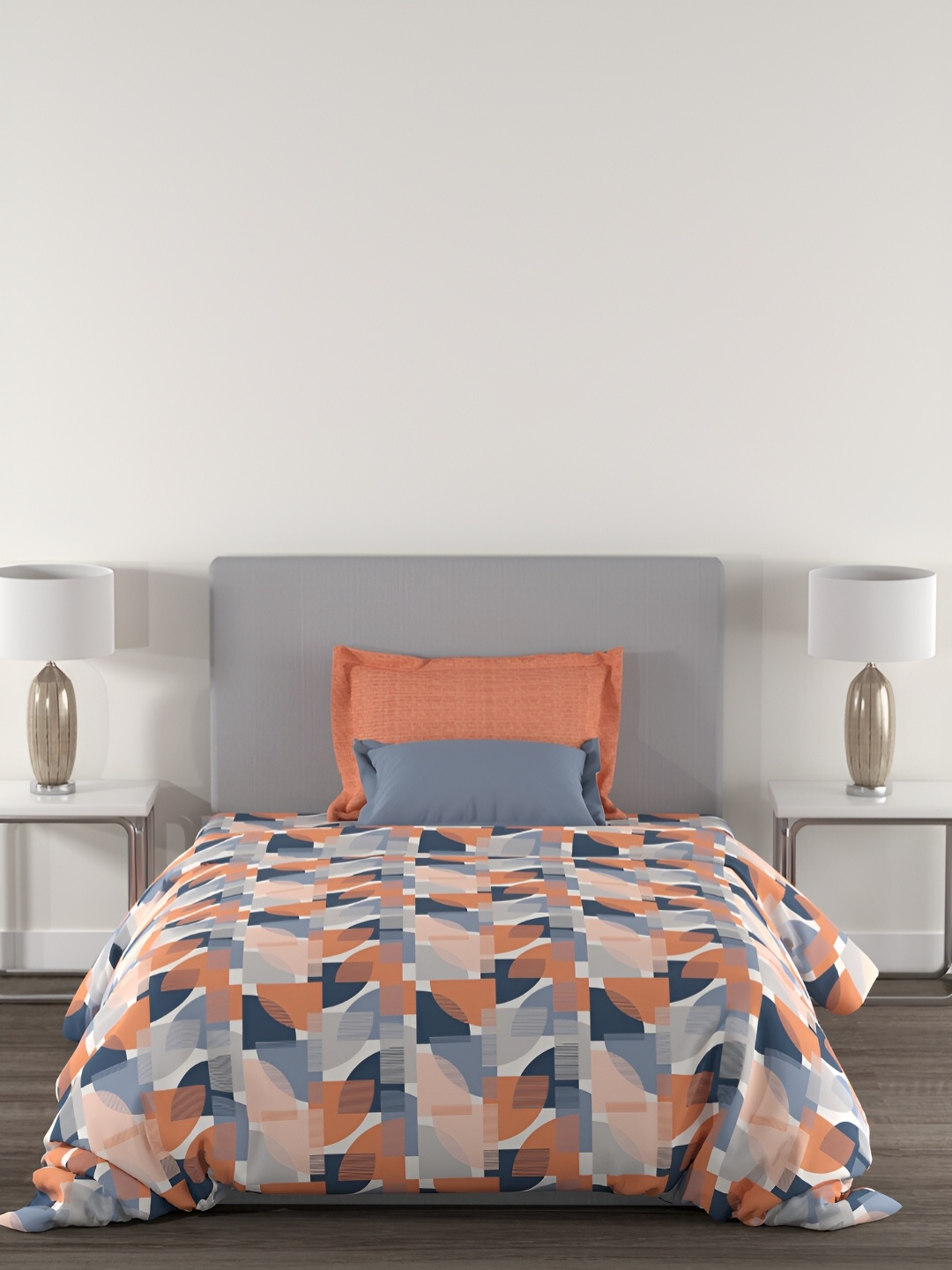 

MYTRIDENT Peach & Grey Geometric Cotton 144 TC Single Bedsheet with 1 Pillow Covers