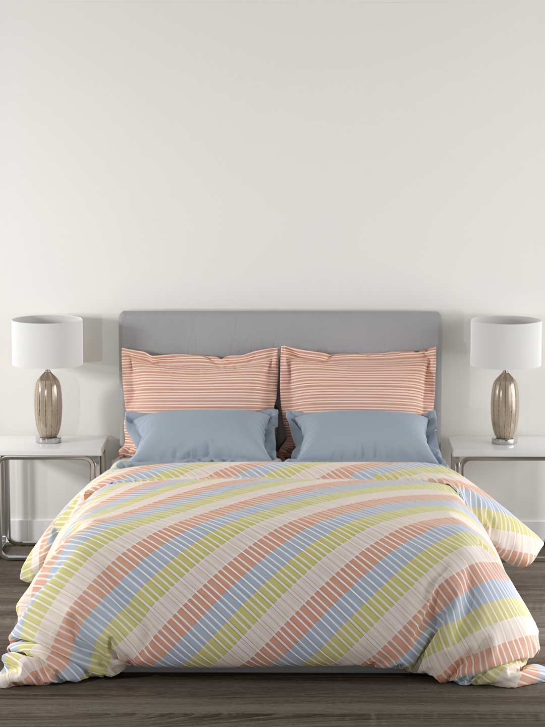 

MYTRIDENT Home Essential Orange & Green Striped 144 TC King Bedsheet with 2 Pillow Covers