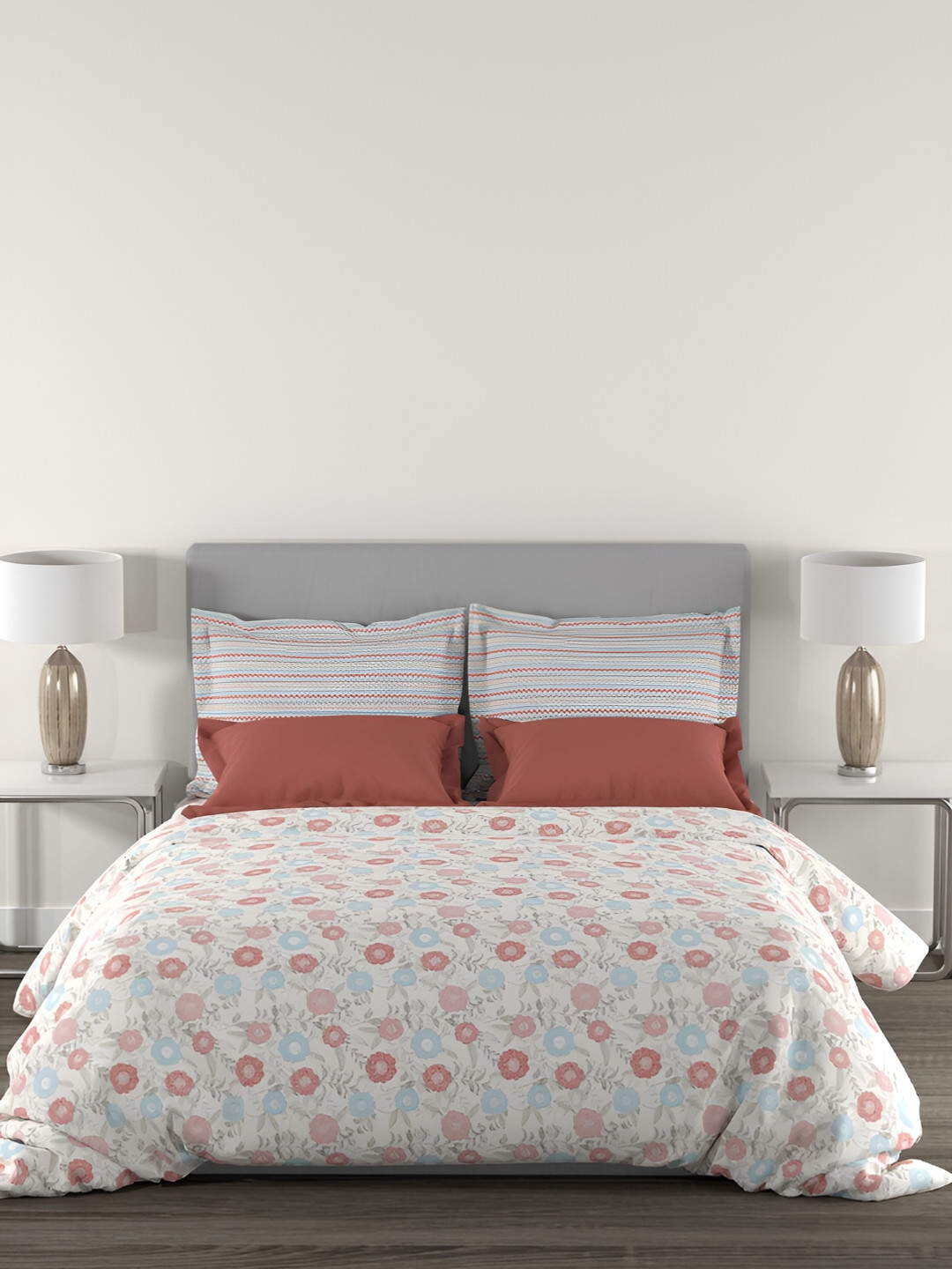 

MYTRIDENT Doodle Flora Red Flat 144TC Queen Cotton Bedsheet Set