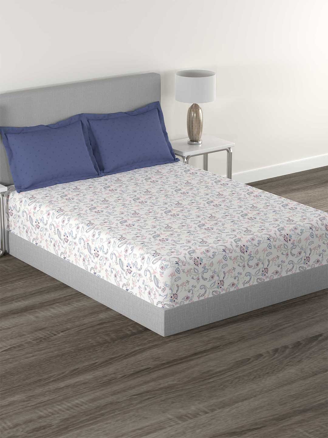 

MYTRIDENT White Ethnic Motif Printed Cotton 144 TC Queen Bedsheet with 2 Pillow Covers, Blue