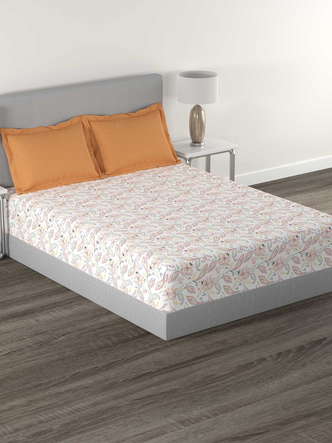 

TRIDENT Vivid Caramel HE Flat 144TC Queen Cotton Bedsheet Set, White