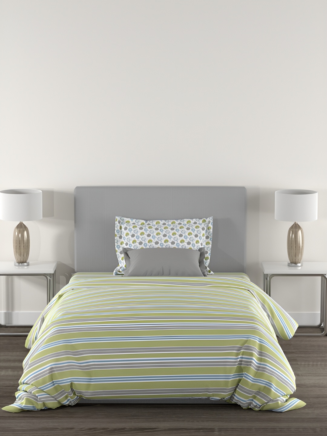 

MYTRIDENT Green & Blue Striped Printed Cotton 144 TC Single Bedsheet with 2 Pillow Covers