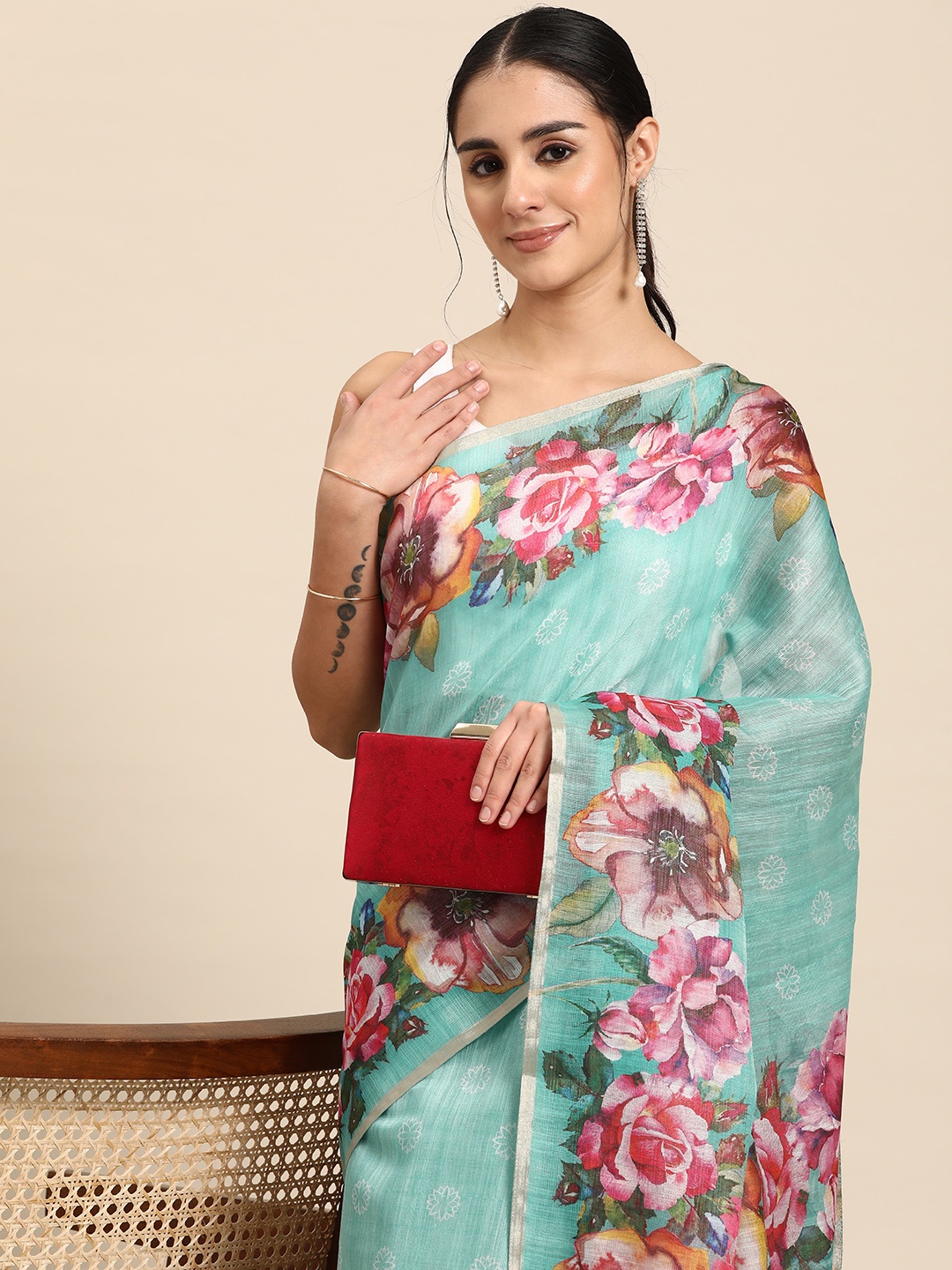 

Silk Land Floral Print Zari Saree, Teal