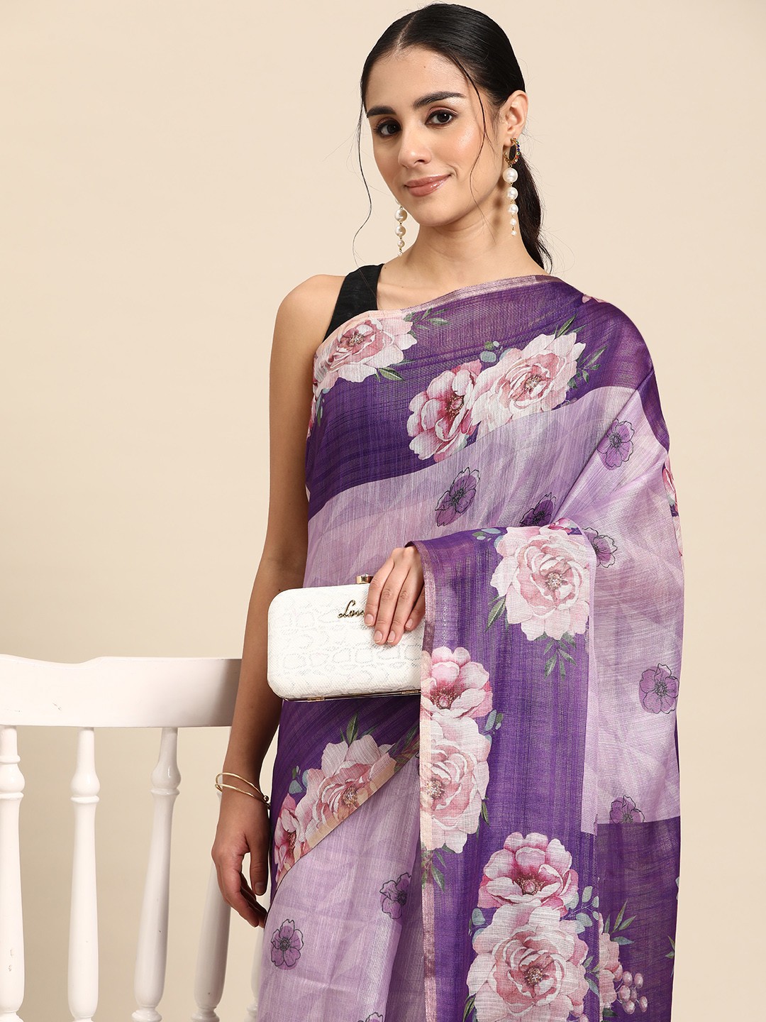 

Silk Land Floral Kanjeewaram Zari Silk Digital Print saree, Lavender