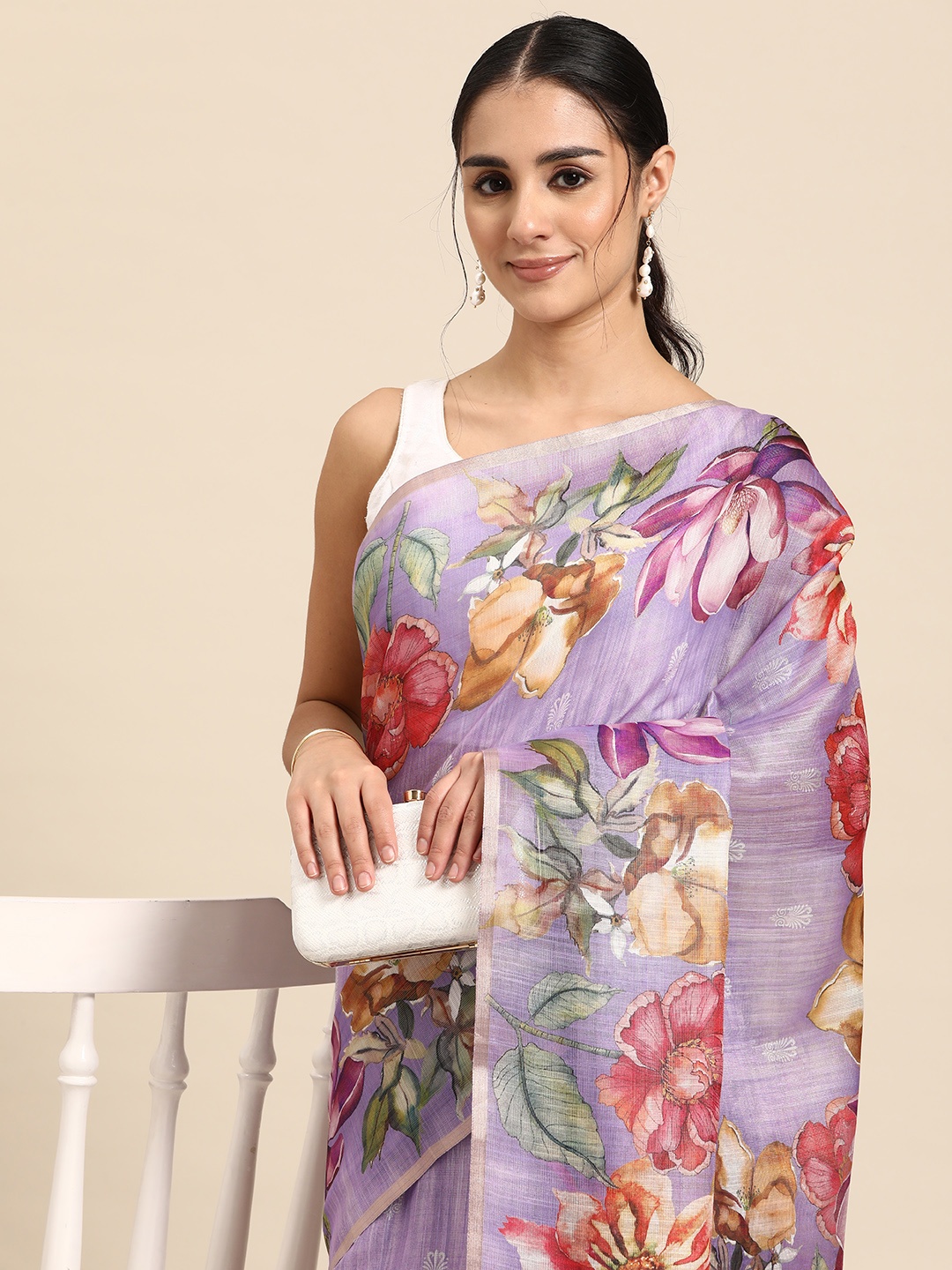 

Silk Land Floral Kanjeewaram Zari Silk Digital Print saree, Lavender