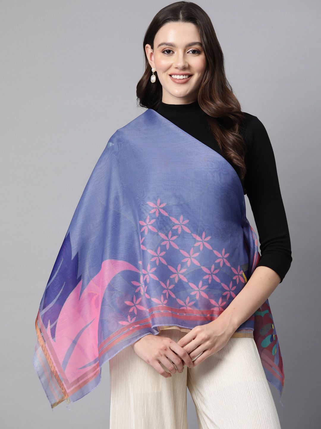 Silk Land Women Printed Scarf, Blue