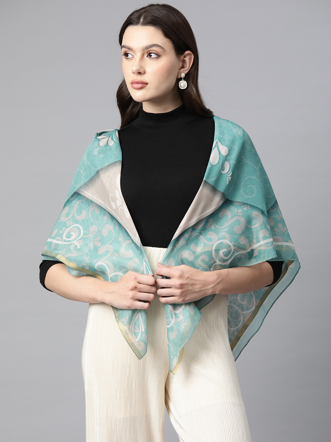 

Silk Land Women Printed Scarf, Teal