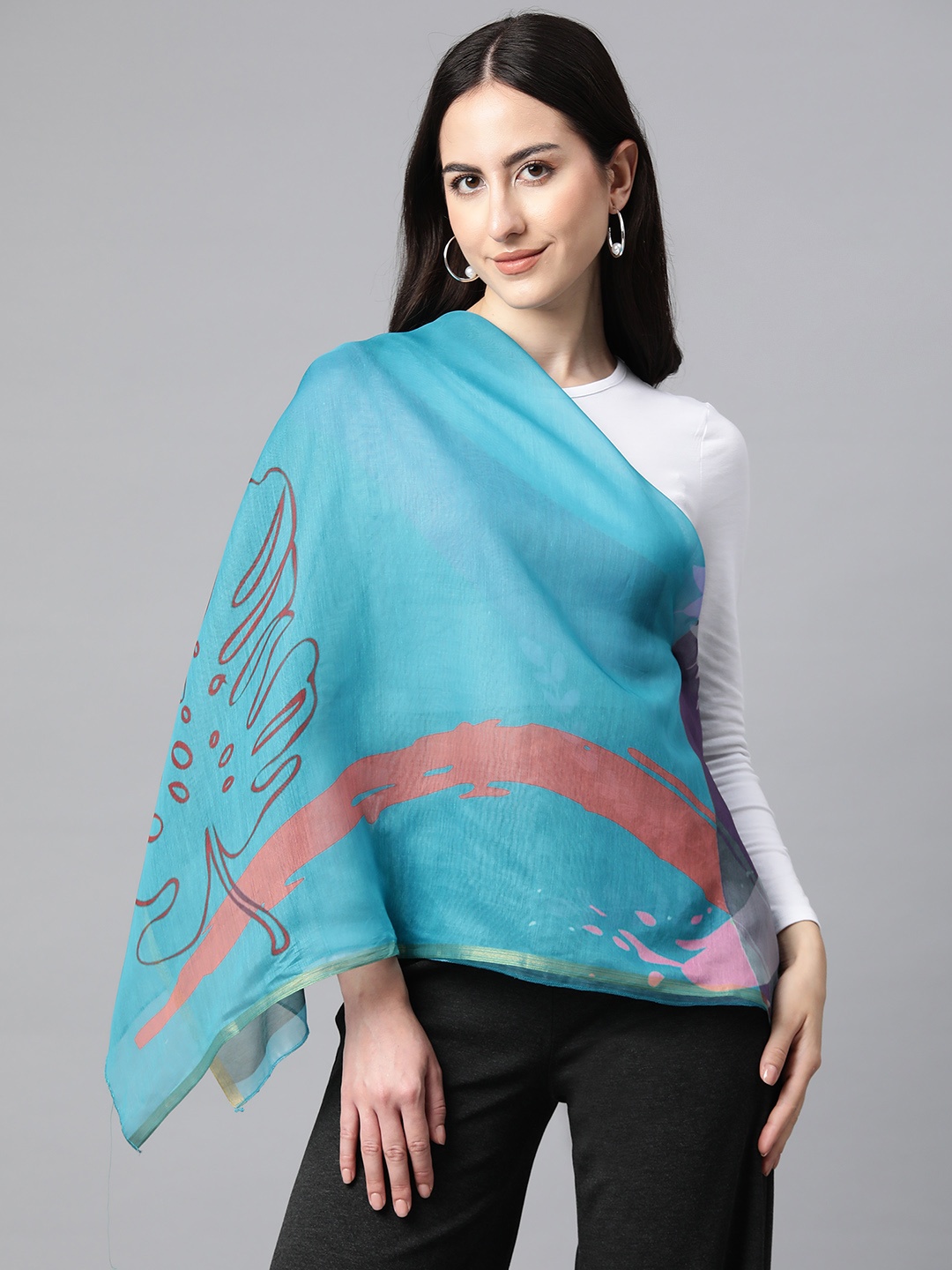 

Silk Land Women Printed Scarf, Teal
