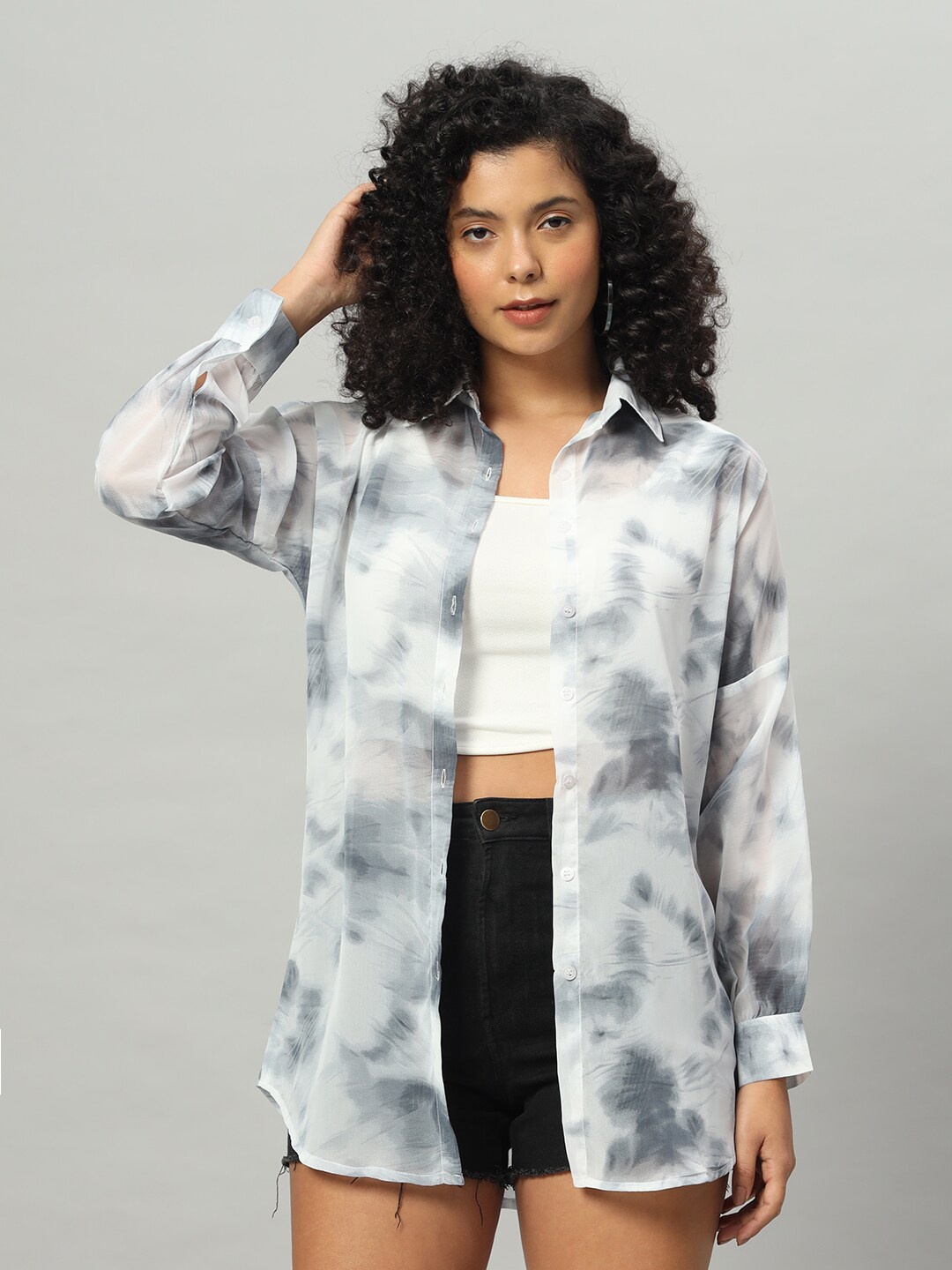 

Funday Fashion Boxy Tie & Dye Spread Collar Casual Shirt, Black