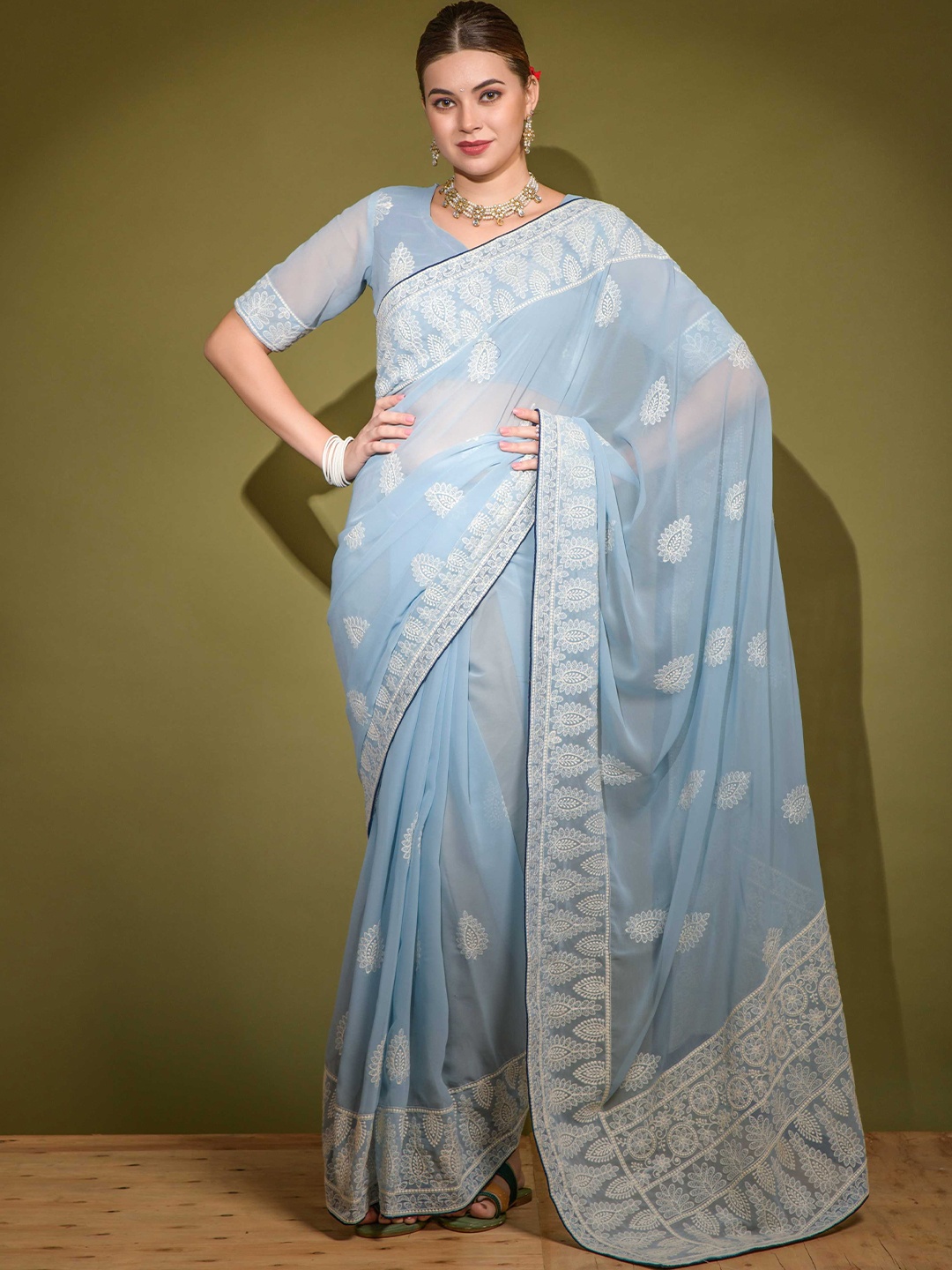 Mitera Floral Embroidered Saree, Blue