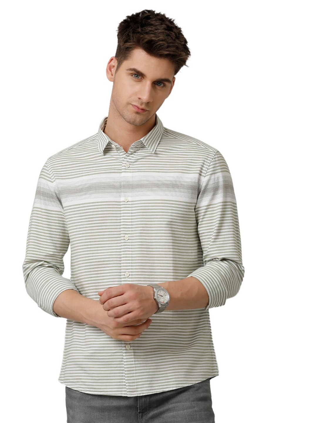 Voi Jeans Comfort Slim Fit Horizontal Stripes Opaque Cotton Casual Shirt, Olive