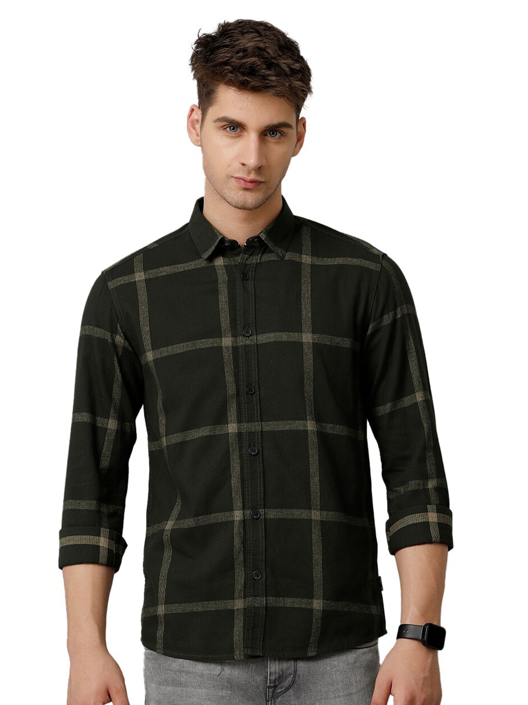 

Voi Jeans Comfort Slim Fit Windowpane Checks Opaque Cotton Casual Shirt, Green
