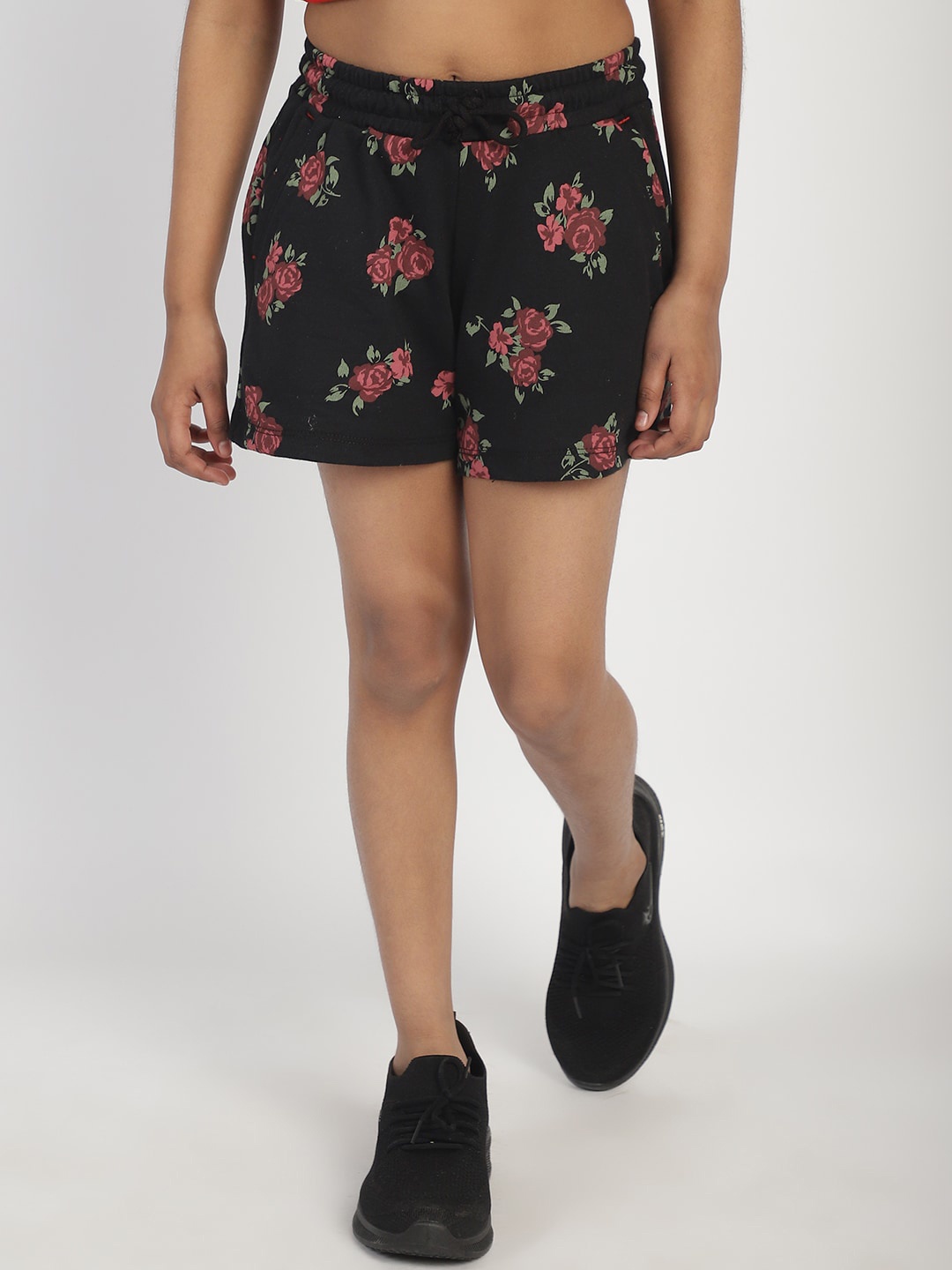 

Rute Girls Floral Printed Slim Fit Cotton Shorts, Black