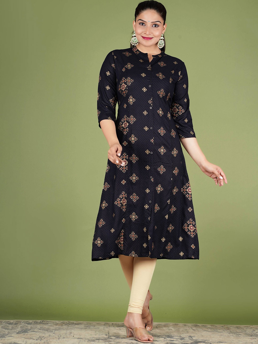 

PARIKSHIT Ethnic Motifs Printed Block Print Mandarin Collar A-Line Kurta, Black