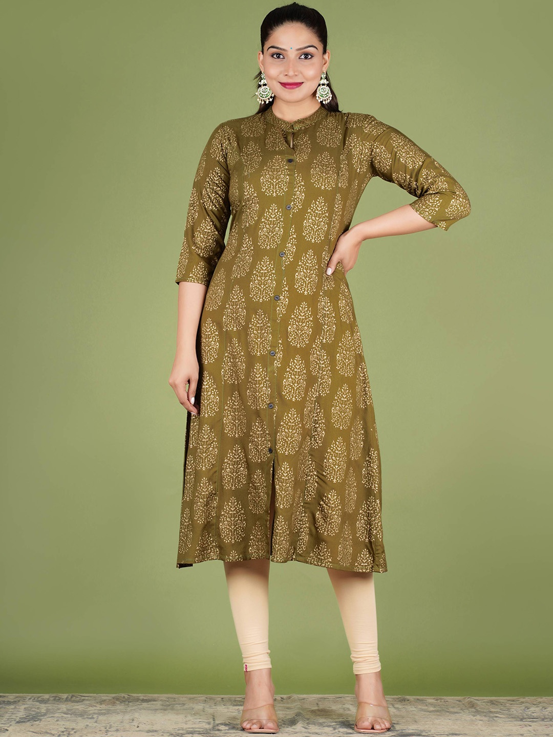 

PARIKSHIT Women Ethnic Motifs Thread Work Block Print Kurta, Olive