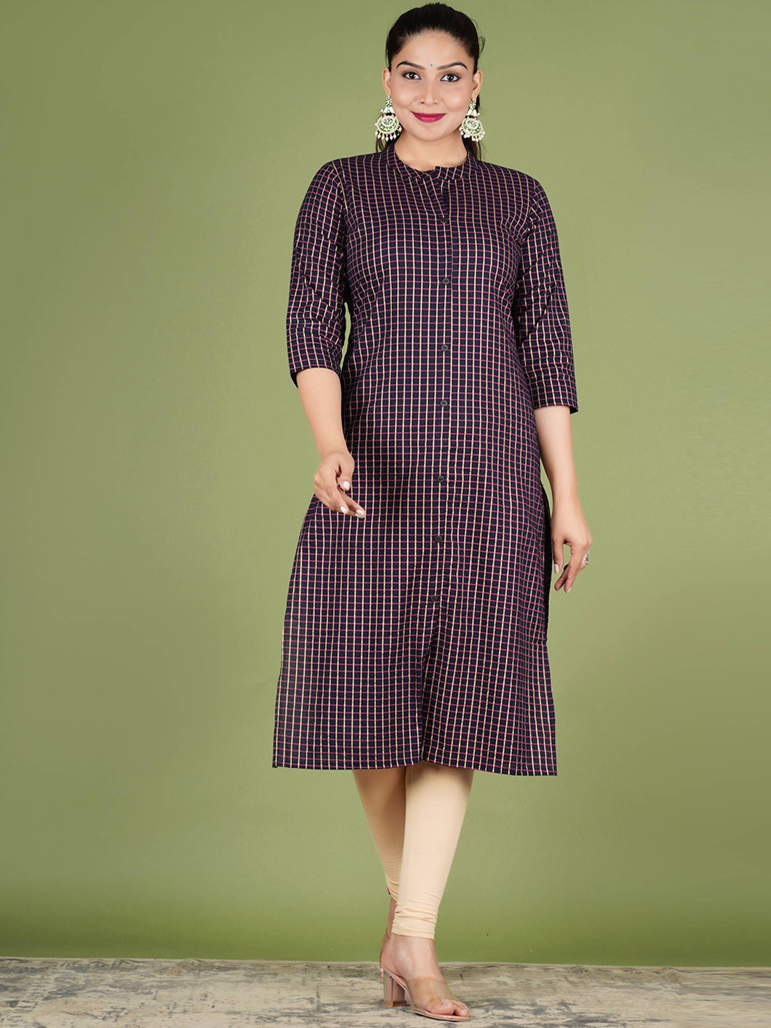 

PARIKSHIT Checked Block Print Mandarin Collar A-Line Kurta, Navy blue