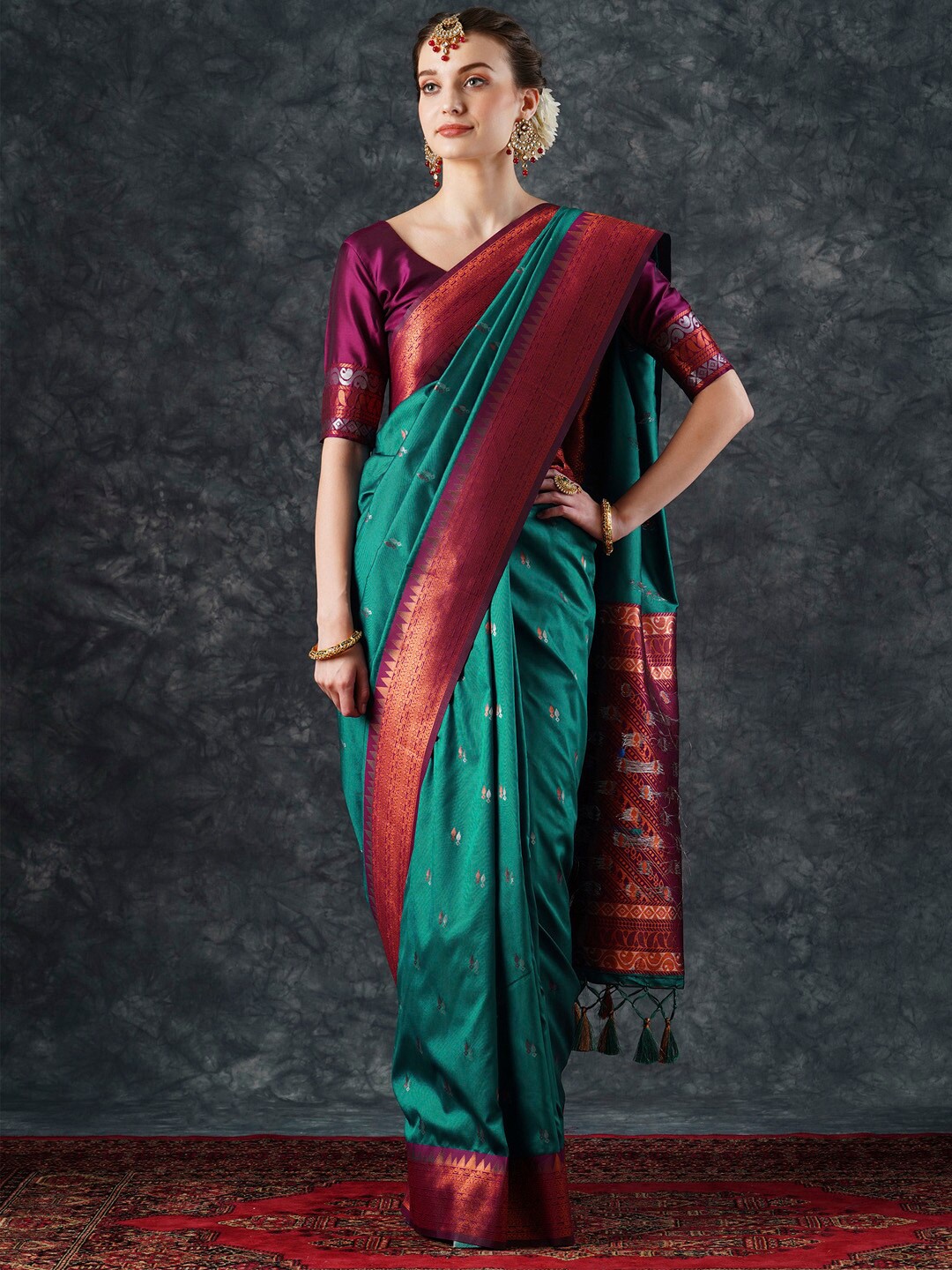 

Mitera Woven Design Zari Silk Blend Banarasi Saree, Teal