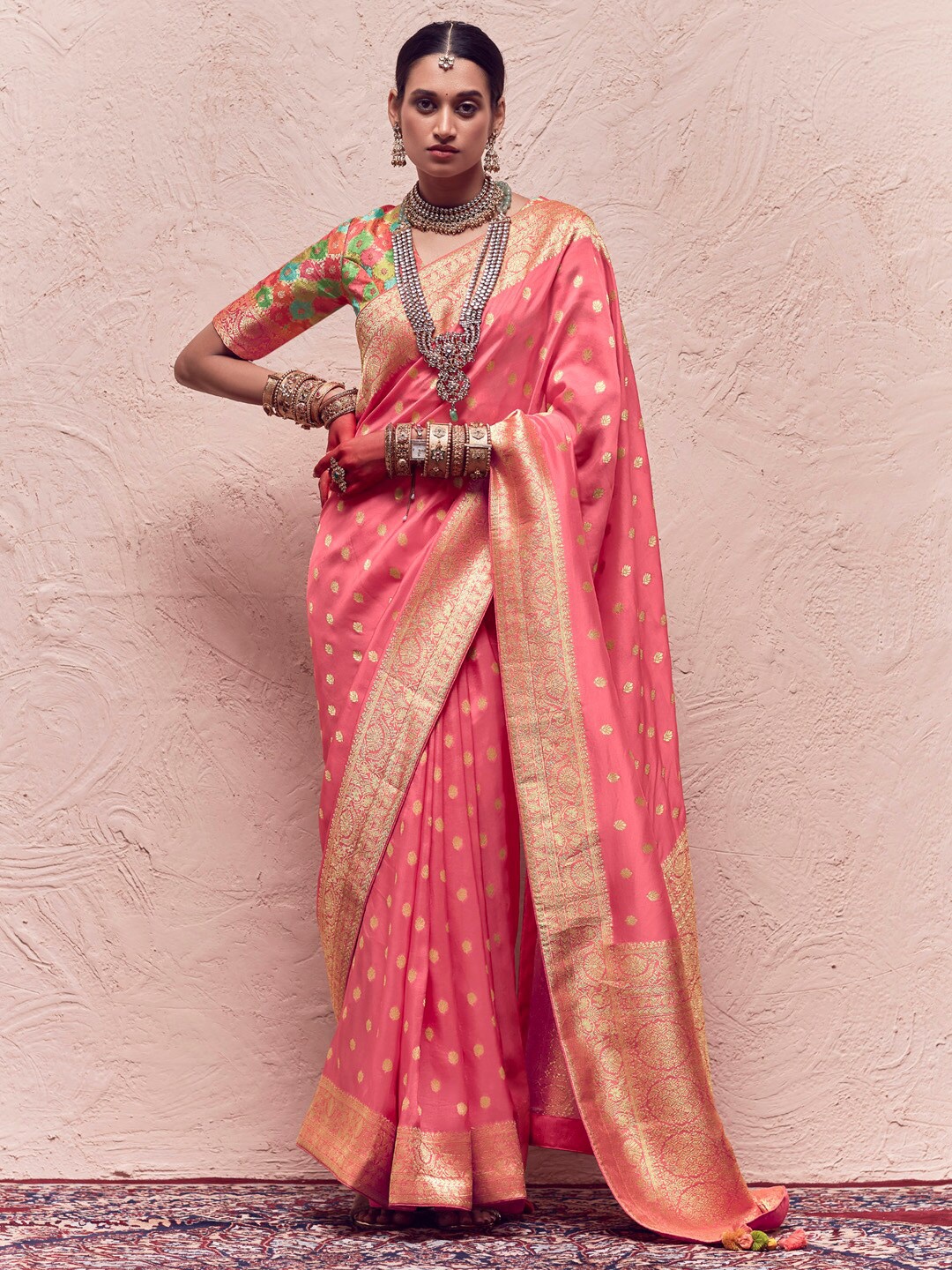 

Mitera Woven Design Zari Silk Blend Banarasi Saree, Pink
