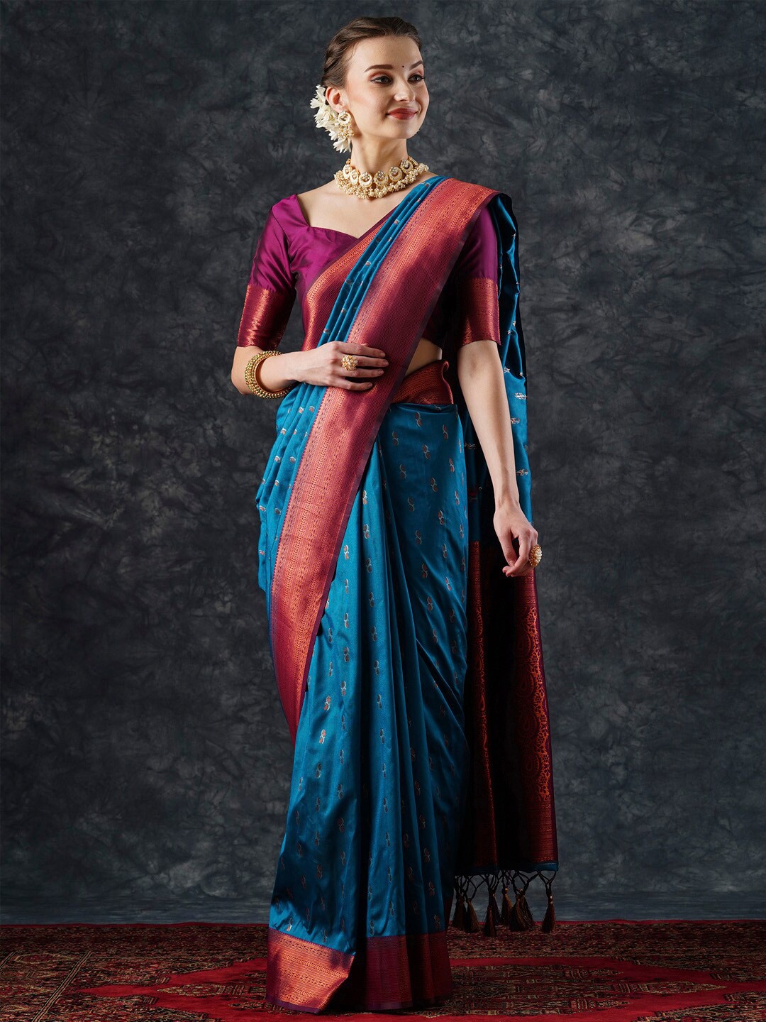 

Mitera Woven Design Zari Silk Blend Banarasi Saree, Blue