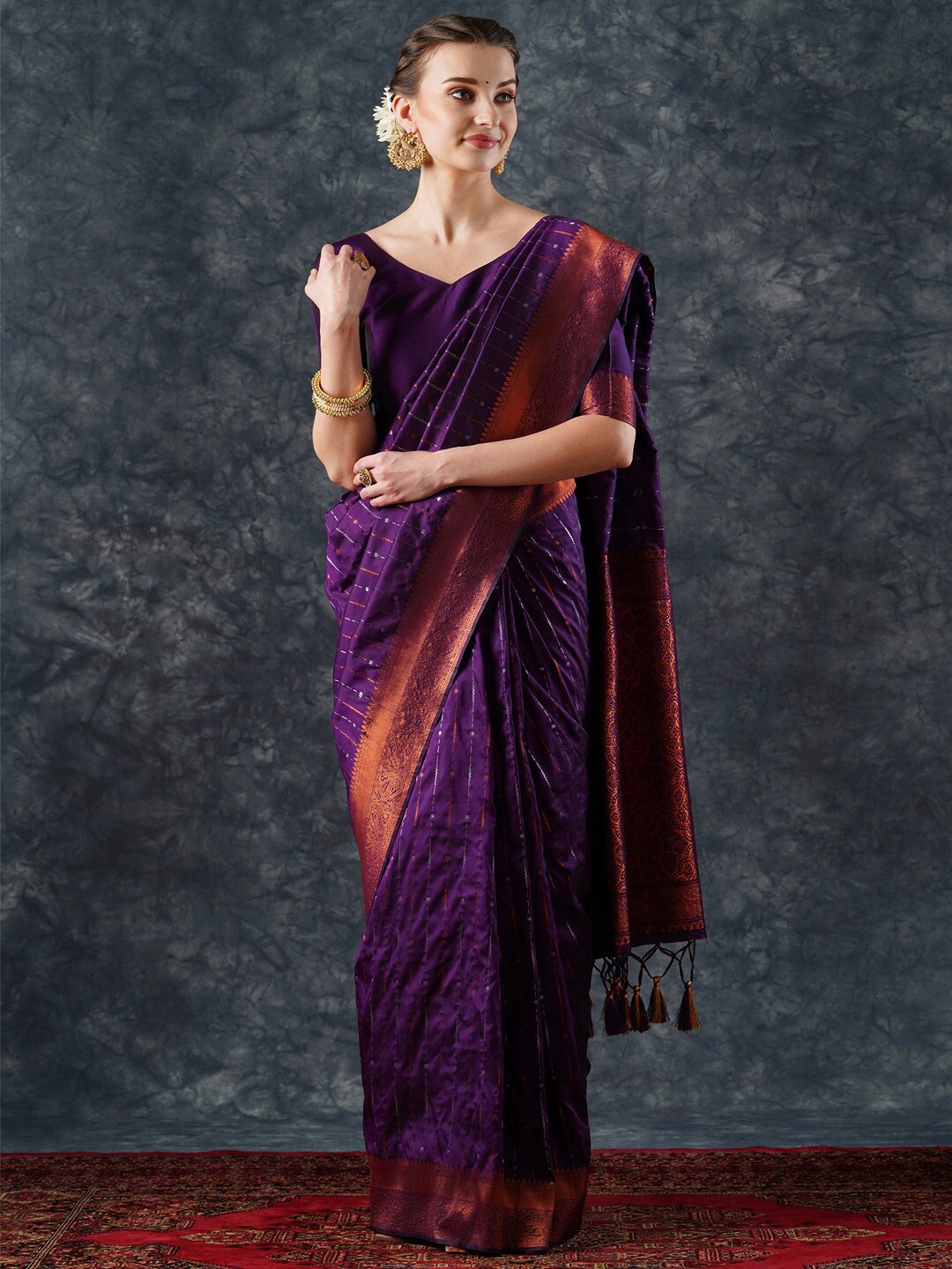 

Mitera Striped Woven Design Zari Banarasi Saree, Purple