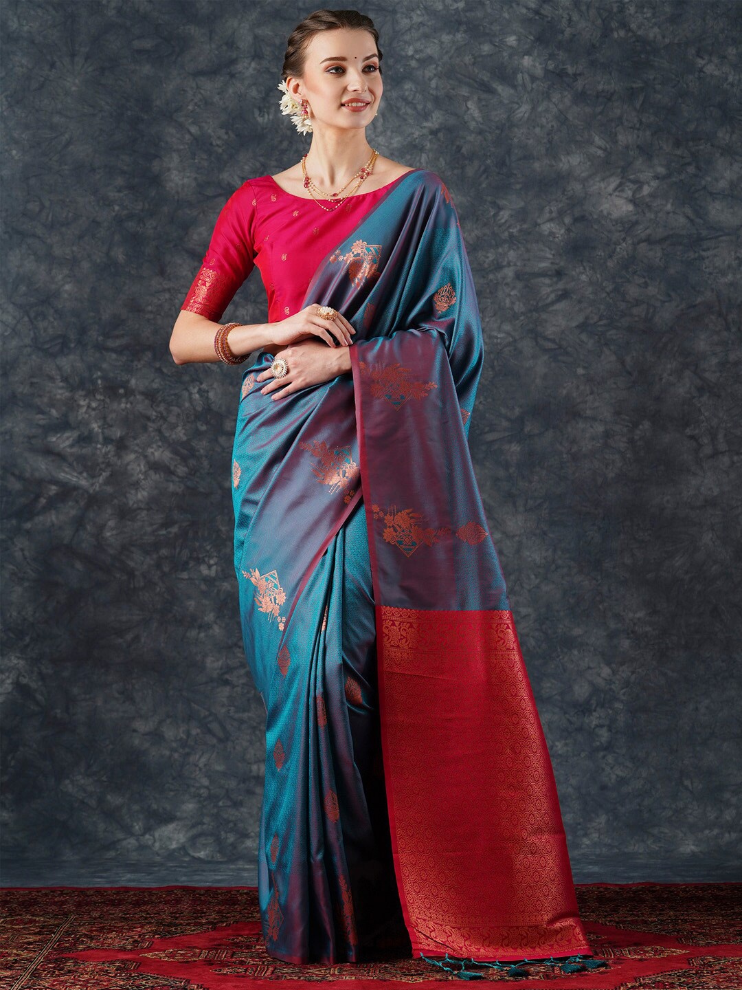 

Mitera Blue Ethnic Woven Design Zari Banarasi Saree, Teal