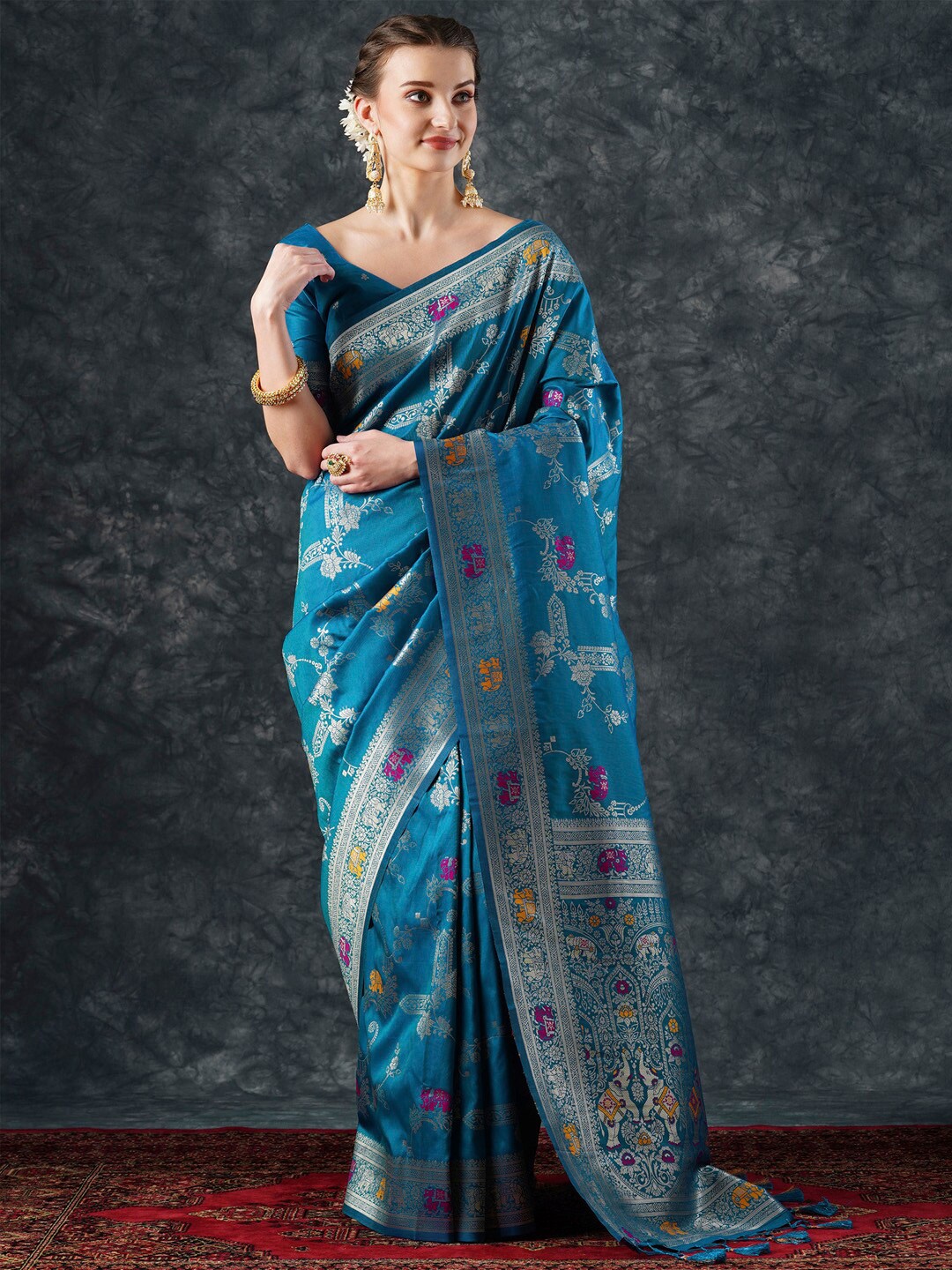 

Mitera Blue Floral Woven Design Zari Banarasi Saree