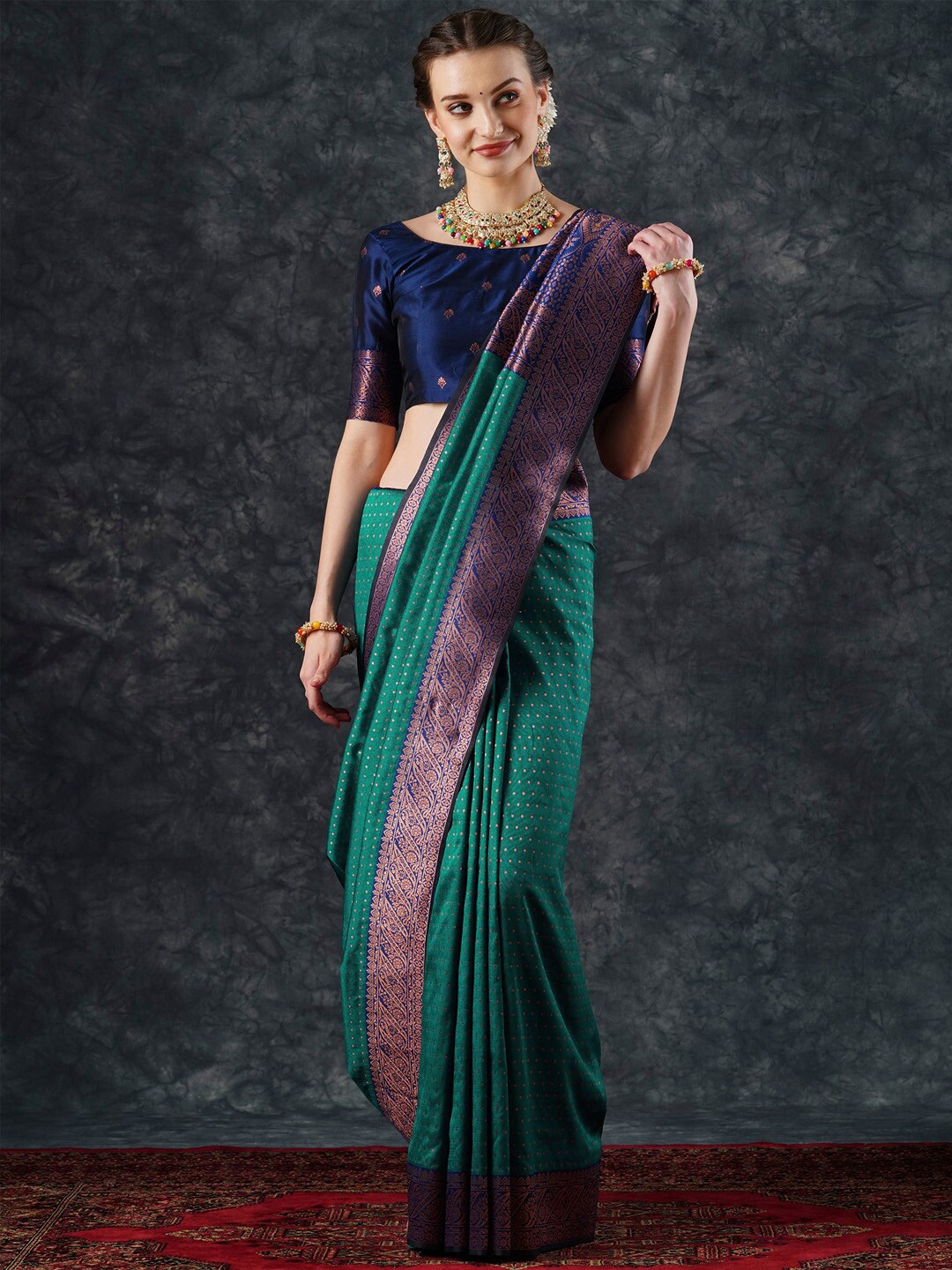 

Mitera Polka Dots Woven Design Zari Banarasi Saree, Teal