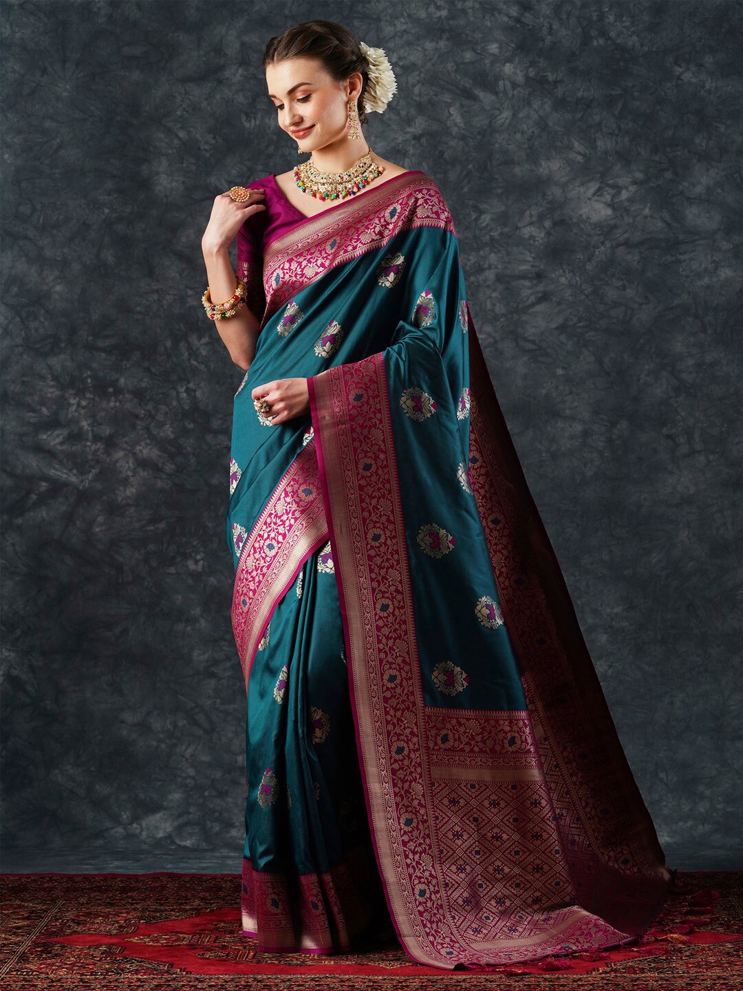 

Mitera Ethnic Motifs Woven Design Zari Banarasi Saree, Teal