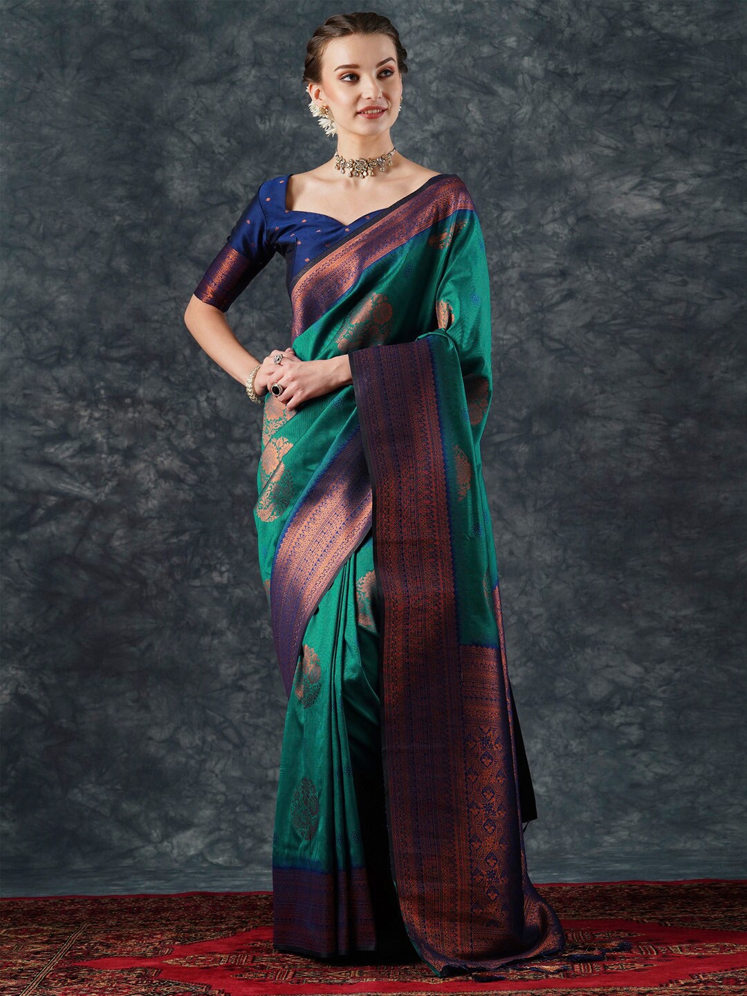 

Mitera Ethnic Motifs Woven Design Zari Banarasi Saree, Teal