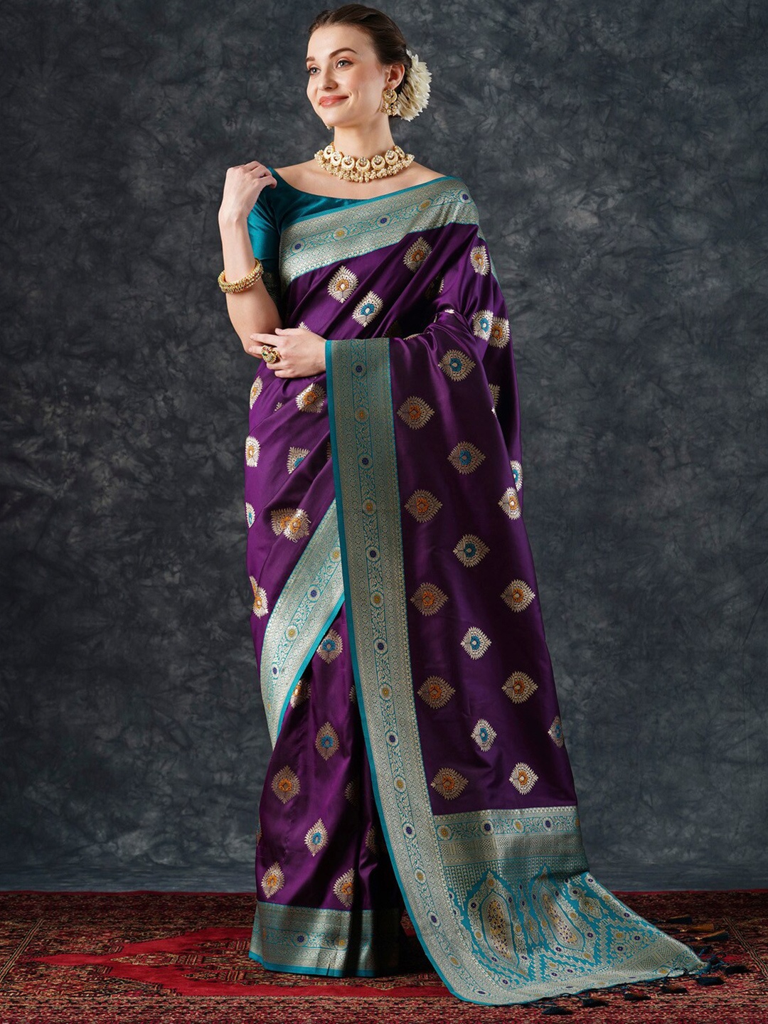 

Mitera Ethnic Motifs Woven Design Zari Banarasi Saree, Purple