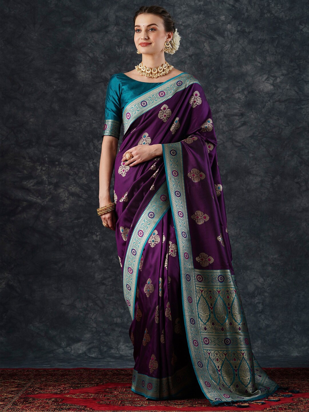 

Mitera Ethnic Motifs Woven Design Zari Silk Blend Banarasi Saree, Purple