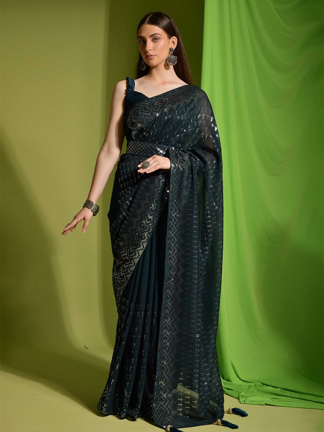 

Mitera Embellished Sequinned Saree, Green