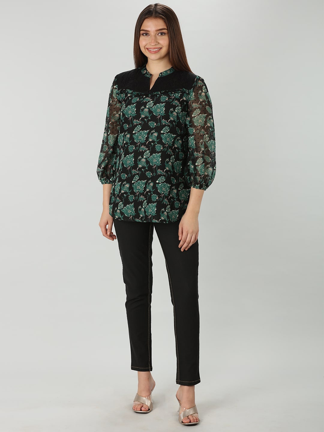 

Mustard Floral Printed Mandarin Collar Top, Black