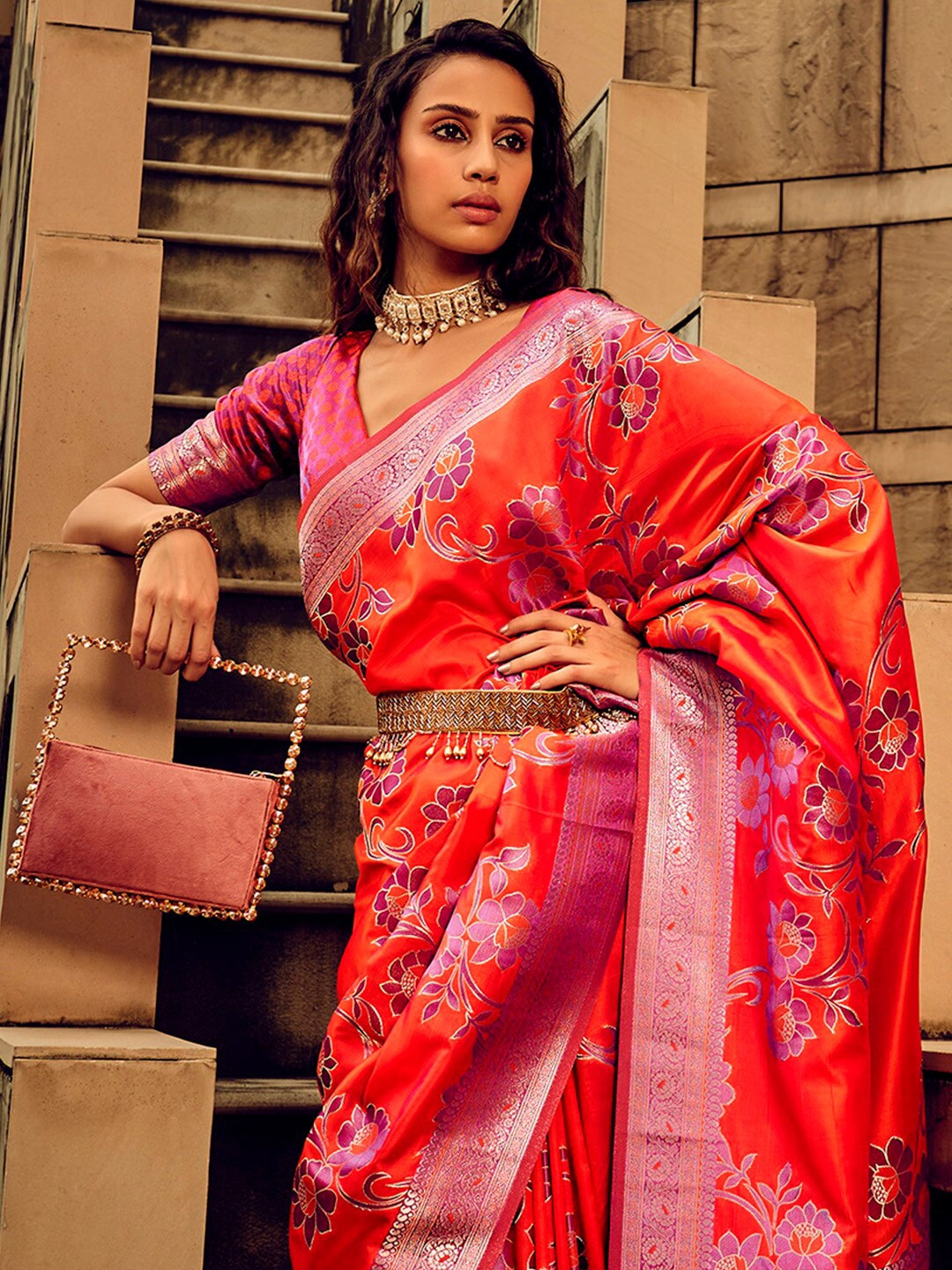 

Mitera Ethnic Motifs Woven Design Zari Satin Banarasi Saree, Red