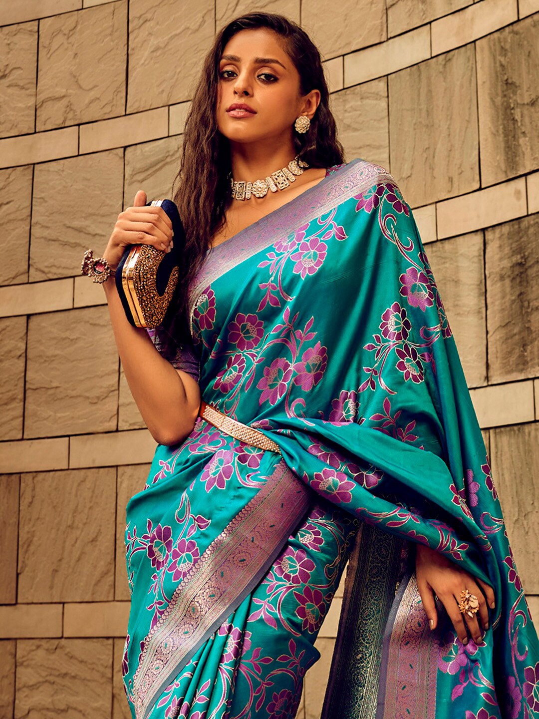 

Mitera Ethnic Motifs Woven Design Zari Satin Banarasi Saree, Teal