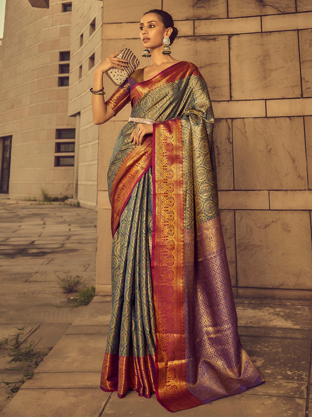 

Mitera Ethnic Motifs Woven Design Zari Silk Blend Kanjeevaram Saree, Teal