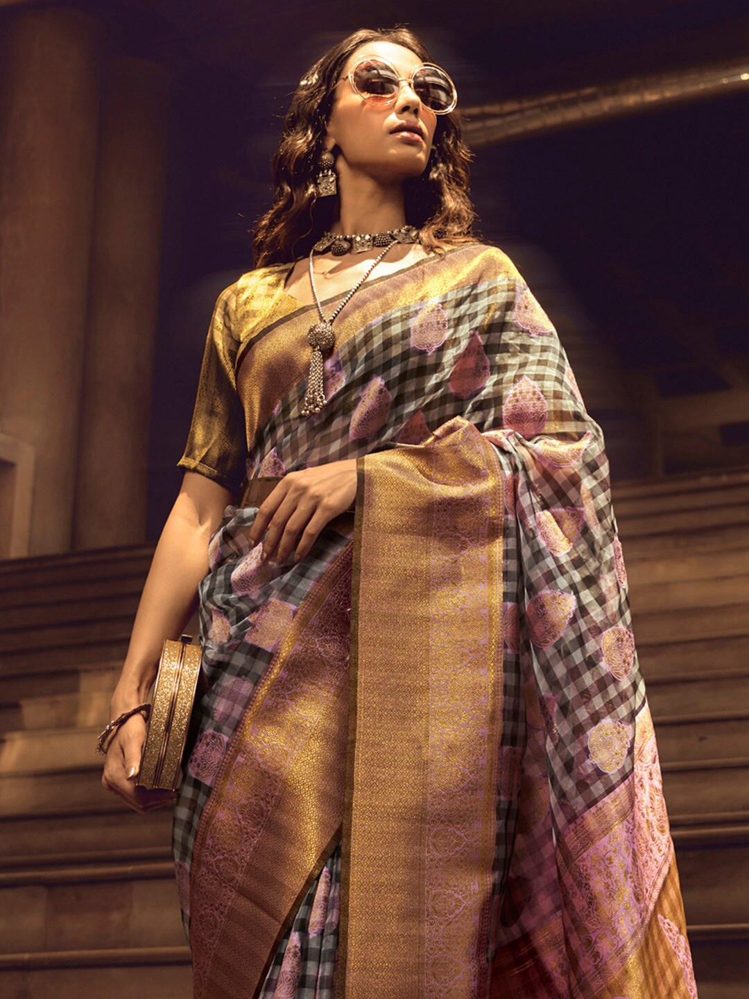 

Mitera Ethnic Motifs Woven Design Zari Organza Banarasi Saree, Grey