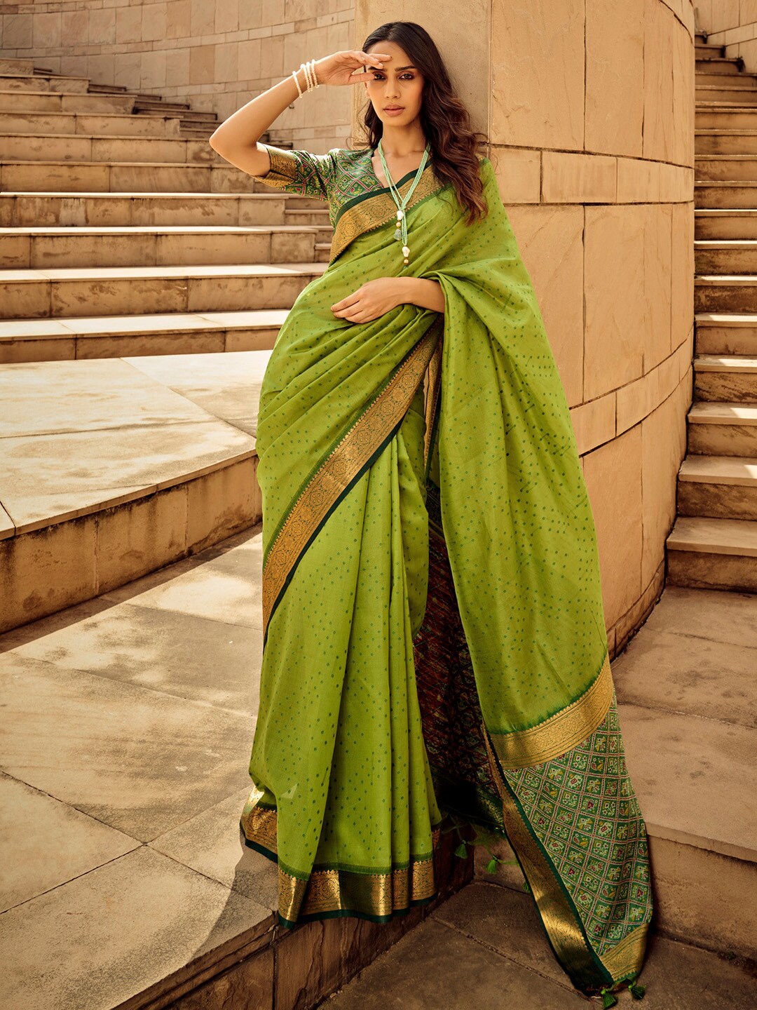 

Mitera Ethnic Motifs Woven Design Zari Silk Blend Patola Saree, Green