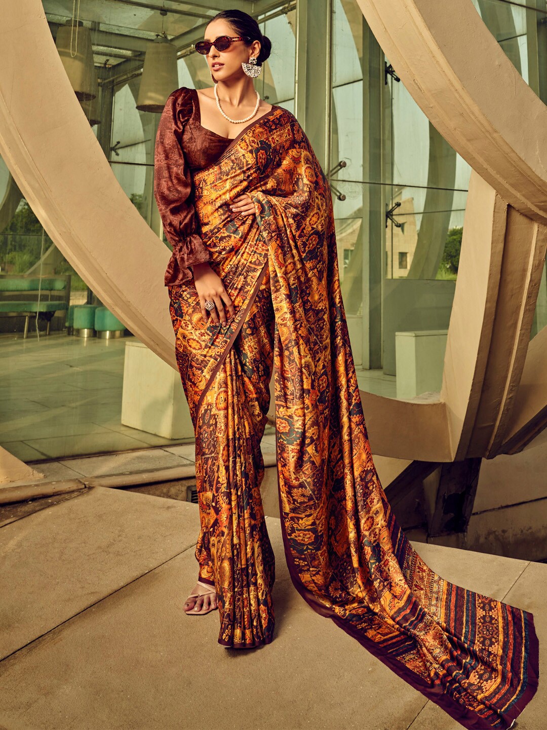 

Mitera Floral Printed Satin Saree, Brown