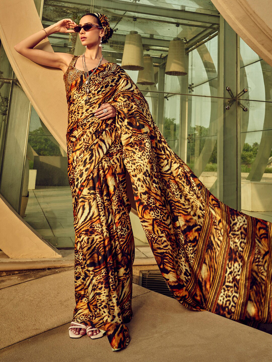 

Mitera Animal Printed Satin Saree, Beige