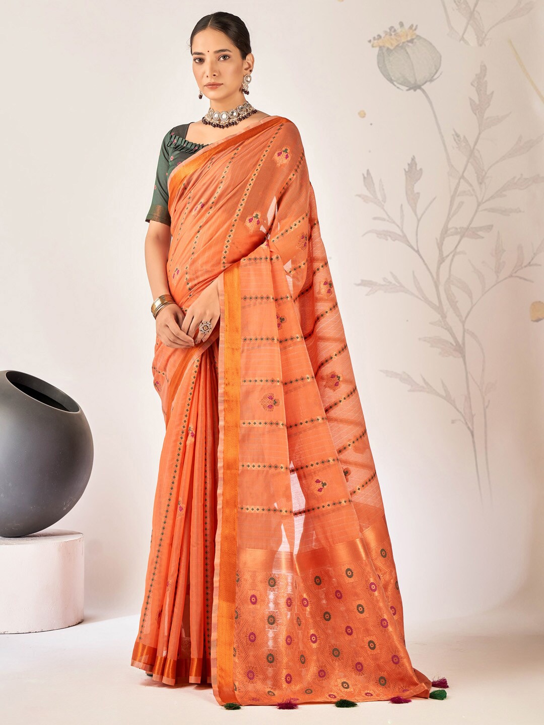 

Mitera Ethnic Motifs Woven Design Zari Banarasi Saree, Orange