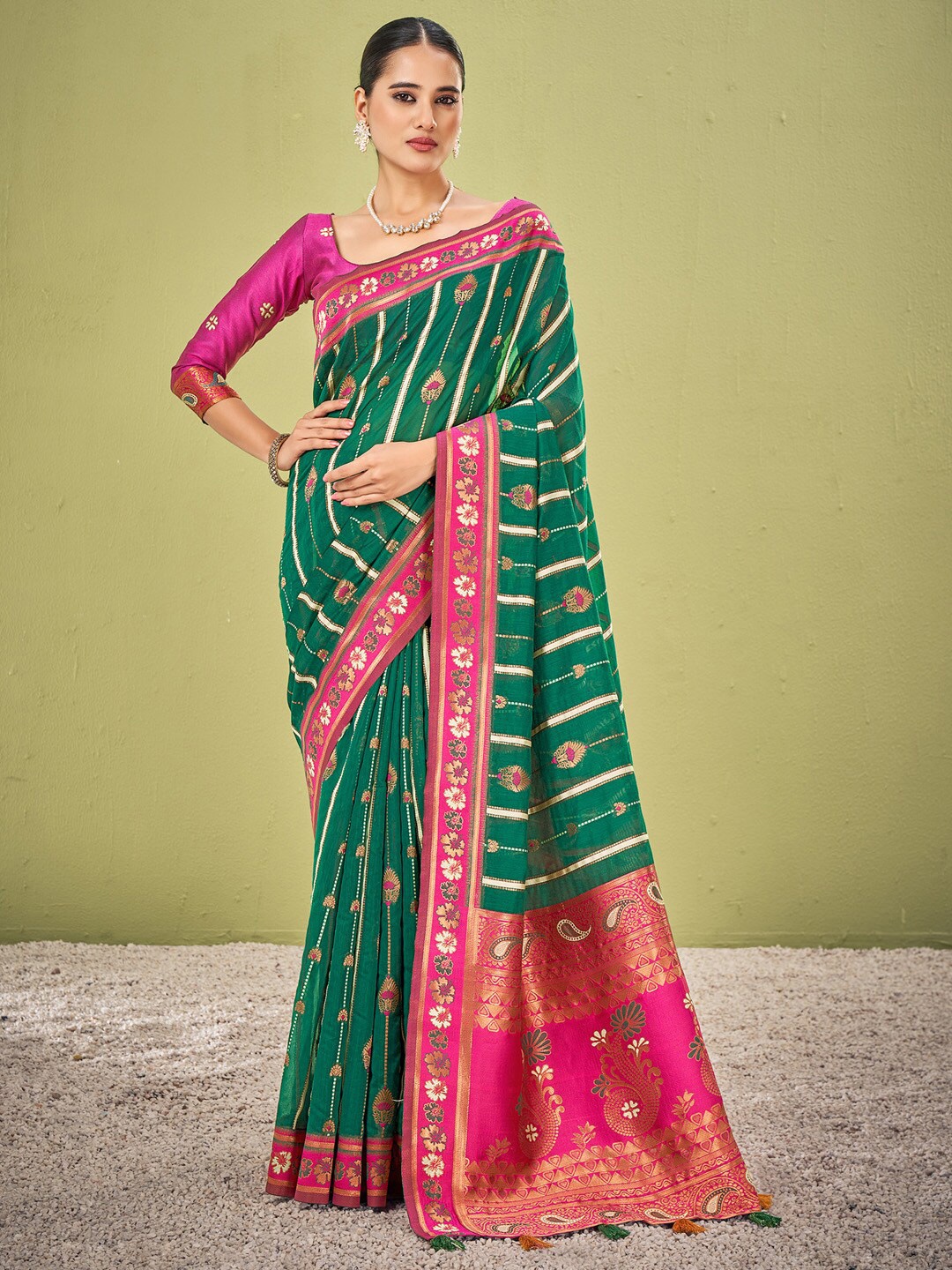 

Mitera Woven Design Zari Banarasi Saree, Green