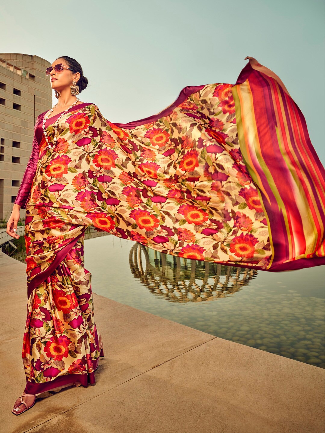 

Mitera Floral Printed Satin Saree, Beige