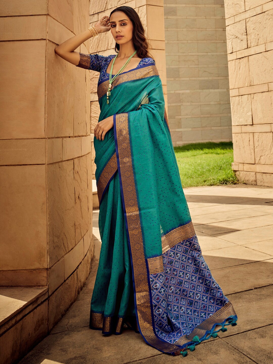 

Mitera Ethnic Motifs Woven Design Zari Patola Saree, Blue
