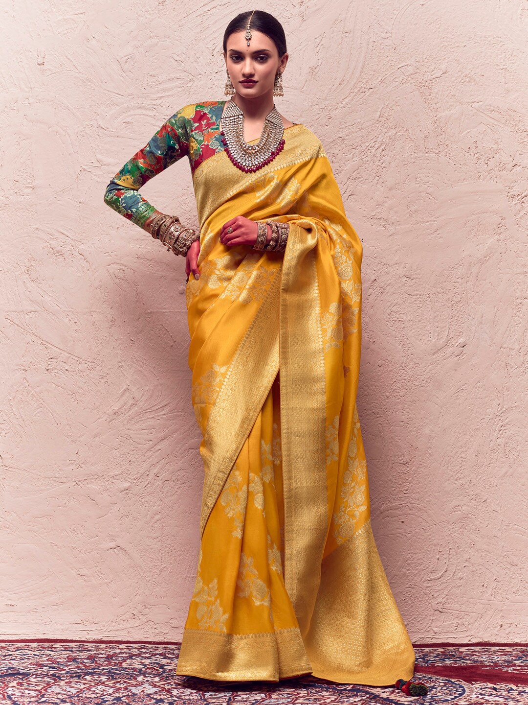 

Mitera Floral Woven Design Zari Banarasi Saree, Yellow