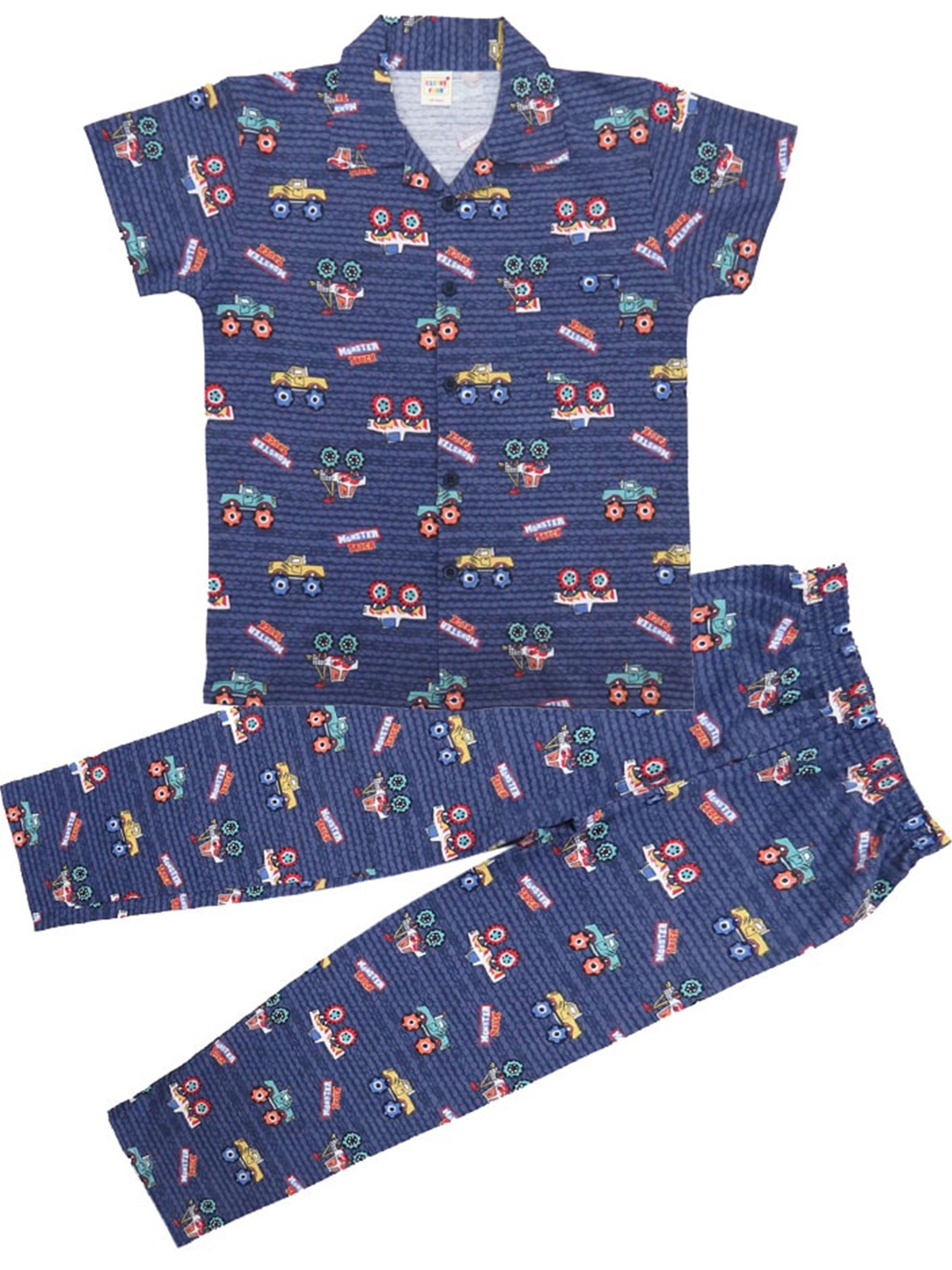 

Clothe Funn Boys Conversational Printed Lapel Collar Pure Cotton Shirt With Pyjamas, Navy blue